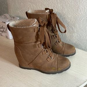 Faux Leather Lace-Up Wedge Boots